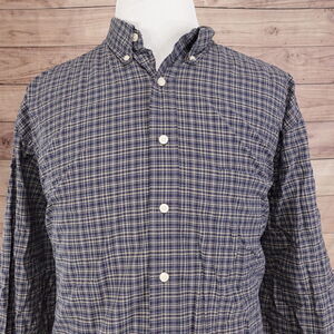 EDDIE BAUER LONG SLEEVE DARK BLUE PLAID BUTTON DOWN SHIRT MENS SIZE XL TALL XLT